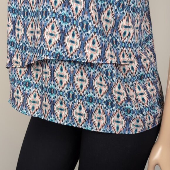 3/$20 Pink Rose Ikat Print Sleeveless Top Flowy Layered Scoop Neck Summer Blouse - Picture 4 of 10